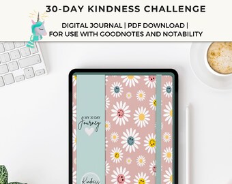 Kindness Rocks 30 Day Challenge. Track daily acts of kindness. Happiness therapy. Digital journal with prompts. Goodnotes, Notability.