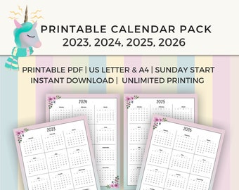 Printable Calendar Pack | 2023 – 2026 Calendars | Keep track of your days | Printable PDF | Instant download