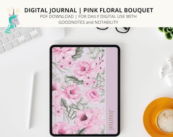 Digital Journal, Lined and blank pages, Journal prompts PDF included, Pink flower bouquet theme, Digital PDF for Goodnotes, Notability