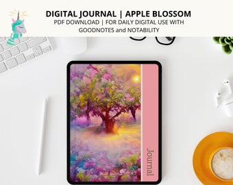 Digital Journal, Lined and blank pages, Journal prompts PDF included, Apple blossom theme, Digital PDF for use with Goodnotes, Notability