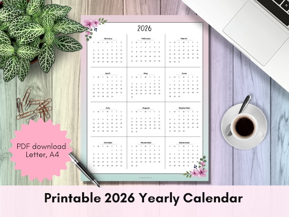 Printable 2026 Yearly Calendar Year at A Glance Sunday - Etsy
