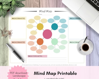 Printable Mind Map Worksheet | Thoughts and ideas organizer | Visual Idea Map | Brainstorming Template | Letter, Landscape | PDF