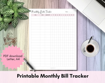 Printable Monthly Bills Tracker | Letter, A4 | PDF