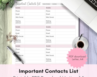 Printable Important Contacts List | Track personal and business contacts in one place | Letter, A4 | Printable PDF