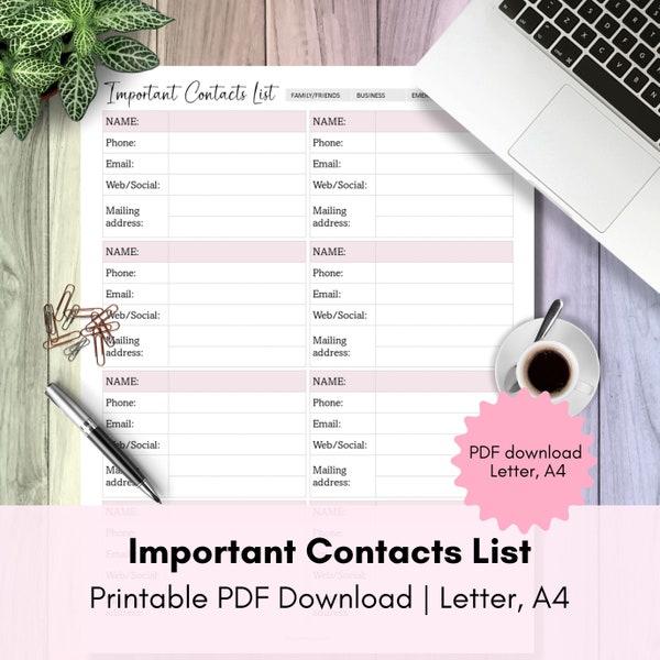 Printable Important Contacts List | Track personal and business contacts in one place | Letter, A4 | Printable PDF