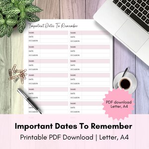 Printable Important Dates To Remember List Tracker | Track special occasions in one place | Letter, A4 | PDF