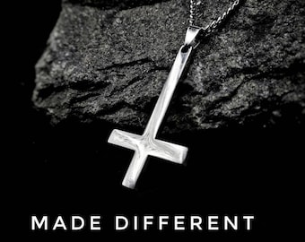 Gothic Upside Down Silver Cross Statement Necklace, Steel Chunky Cross Pendant Gothic Alternative Emo  Necklace,Cross Punk for Men&Women