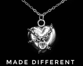 Silver Heart Pendant Necklace with Tiny Padlock,Stainless Steel Chain Unique Gothic Heart,Chained Heart Charm,Jewellery for Goths Emo Grunge