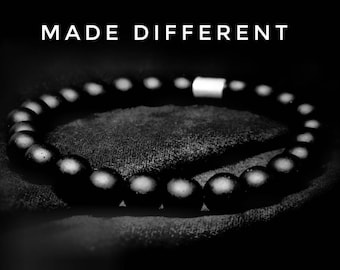 Black and Silver,Onyx Stone Elastic Bead Bracelet for Men/ Women with Stainless Steel Metal Spacer Charm,Small 8mm Beads,Handmade,Male Gift