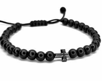 Cross Bracelet for Men & Women,Natural Onyx Stone Beads,Healing Hematite Cross Charm,Mens Beaded Bracelet,Gift for Husband/Boyfriend