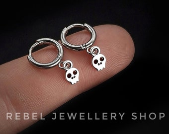 Silver Gothic Skull Hoop Earrings Dangle Dainty Goth Unique Skull Earring Set, Minimilist Cute Hoop Skull Charm Earrings Gothic Gift Dainty