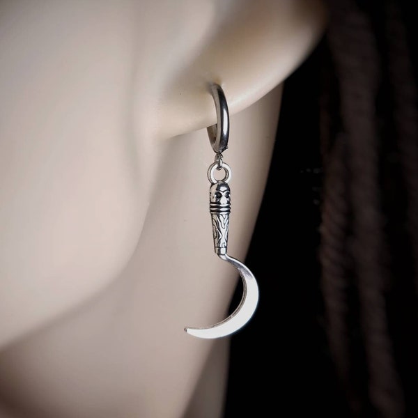 Silver Gothic Sythe Dagger Sword  Earrings,Goth Punk Alternative Grunge Emo Earrings,Steel Hoop Unique Scythe Charm Dangle & Drop Earring