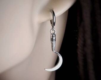 Silver Gothic Sythe Dagger Sword  Earrings,Goth Punk Alternative Grunge Emo Earrings,Steel Hoop Unique Scythe Charm Dangle & Drop Earring
