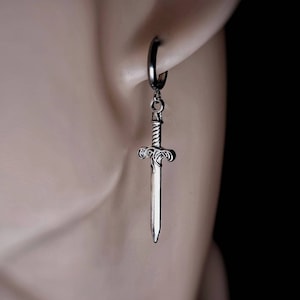 Silver Steel Hoop Dagger Earings for Women and Men. Unique Gothic Alternative Jewellery, Dagger Dangle Silver Charm Earring Set, Unique gift Single