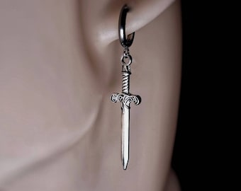 Silver Steel Hoop Dagger Earings for Women and Men. Unique Gothic Alternative Jewellery, Dagger Dangle Silver Charm Earring Set, Unique gift