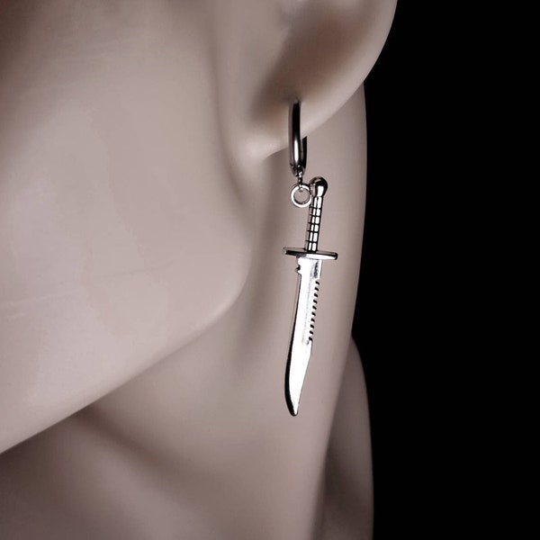 Silver Steel Hoop Dagger Earrings for Men & Women,Dagger Dangle Earrings Men,Stainless Steel Mens Earrings Dangle, Gothic Punk Unique Dagger