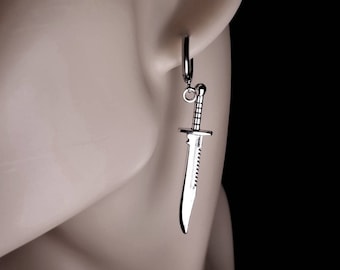 Silver Steel Hoop Dagger Earrings for Men & Women,Dagger Dangle Earrings Men,Stainless Steel Mens Earrings Dangle, Gothic Punk Unique Dagger