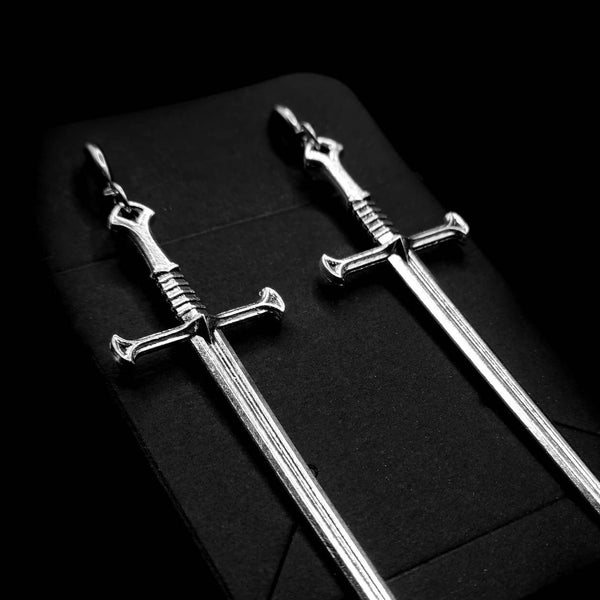 Sword Dagger Earrings Silver Dangle Drop Dagger Goth Earrings Stainless Steel Hoop, Unique Gothic Punk Emo Statement Alternative Jewellery