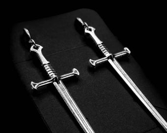 Sword Dagger Earrings Silver Dangle Drop Dagger Goth Earrings Stainless Steel Hoop, Unique Gothic Punk Emo Statement Alternative Jewellery