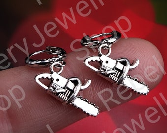 Silver Hoop Dangle Chainsaw Gothic Punk Earrings Set,Unique Silver Dangle Set for Men and Women,Silver Earrings Men  Huggie Ring with Charm