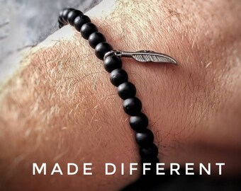 Black Beaded Bracelet for Men and Women, Onyx Stone Bead Feather Charm Bracelet, Mens Beaded Bracelet Adjustable, Minimalistic Bead Bracelet