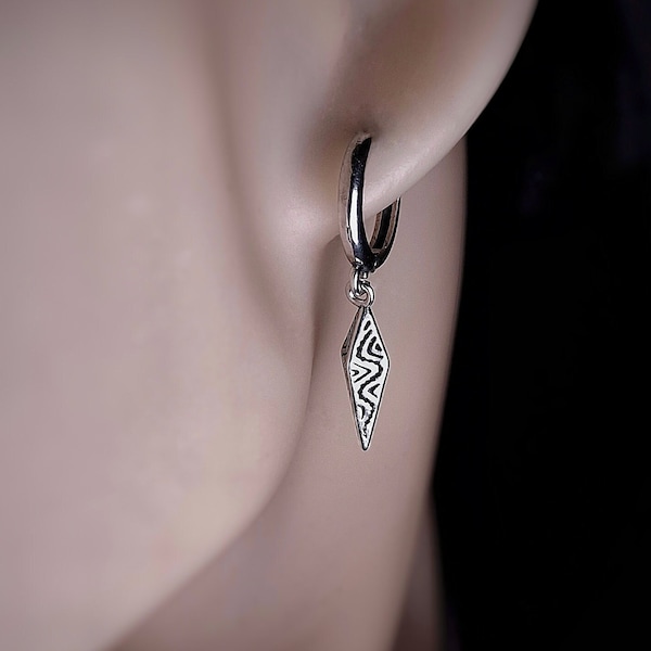 Silver Geometric Spike Hoop Earring for Men and Women, Dangle Spike Earring,Silver Steel Hoop Dangle Mens Silver Earrings, Cool Hoop Earring