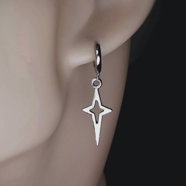 Silver North Star Earring Huggie Celestial Earring Hoop Dangle Star Earring Men Dangle Earring Dangly Star Hoop Earring Silver  Punk Earring