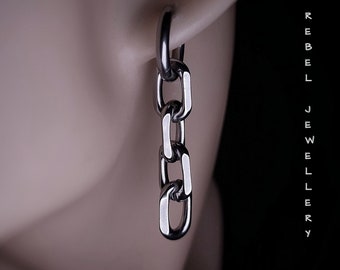 Zilveren ketting link bungelen gotische oorbel voor dames en heren, goth drop en bungelen ketting oorbellen staal, goth punk alternatieve verklaring oorbel