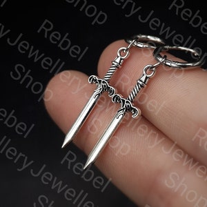 Silver Sword Earrings for Women and Men. Unique Gothic Alternative Jewellery, Sword Dangle Silver Dagger Earrings Hoop Sword Earrings Gothic
