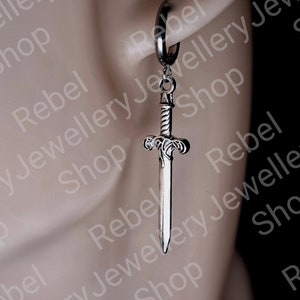 Silver Steel Hoop Dagger Earings for Women and Men. Unique Gothic Alternative Jewellery, Dagger Dangle Silver Charm Earring Set, Unique gift