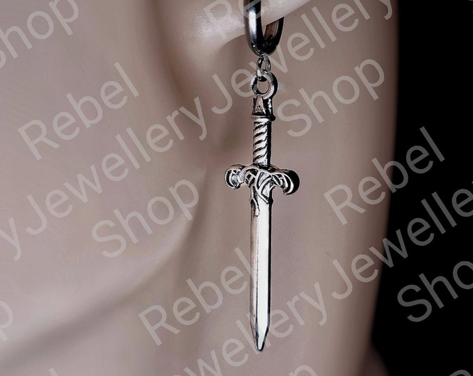Featured listing image: Silver Steel Hoop Dagger Earings for Women and Men. Unique Gothic Alternative Jewellery, Dagger Dangle Silver Charm Earring Set, Unique gift