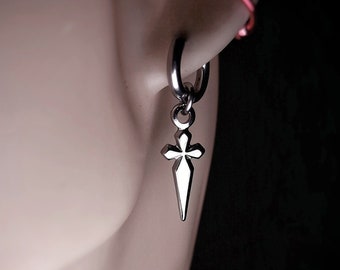 Mens Dangle Cross Earring Dagger,Mens Earing Dangle Drop Silver Hoop Huggie WaterProof Earing Men and Women Silver Cross Cool Earing Gift