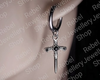 Silver Hoop Dagger Sword Cross Dangle Earings for Men and Women Gothic Punk Dagger Dangle Hypoallergenic Statement Hoop Earrings for Men
