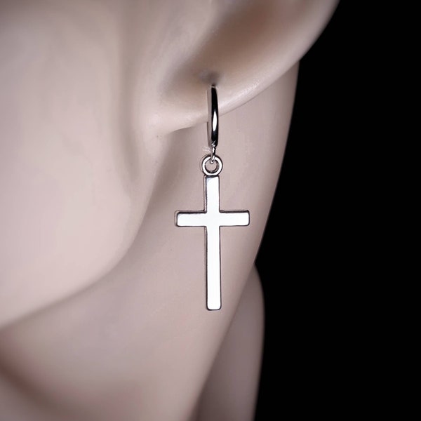 Silver Cross Hoop Earrings,Drop/Dangle Cross Crucifix Charm Stainless Steel Ring,Cross Jewellery,Gothic Unique Handmade,Alternative/Goth/Emo
