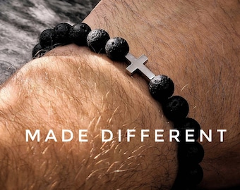 Lava Stone Black Beaded Cross Bracelet for Men and Women,Lava Rock Beads,Unique Jewellery,Handmade item, Healing Bracelet Silver Cross Charm