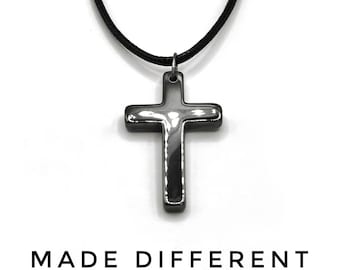 Cross Necklace For Men &Women,Adjustable Hematite Cross Pendant Necklace, Minimalistic Gothic Jewellery Tarnish Free,Anxiety Stone Necklace