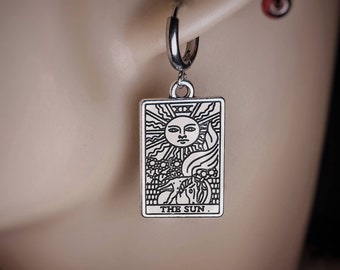 Silver Tarot card Earrings, Tarot Card EARRINGS Pair,The Tarot Earring, Sun and Moon Tarot Earring,Witchy Unique Silver Dangle Earrings Pair