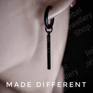 Vertical Bar Dangle Dropped Silver Hoop Earring Set For Men Steel Hoop vertical Bar Earring with Charm Men Dangle Earring set Silver/Black