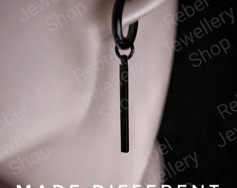 Vertical Bar Dangle Dropped Silver Hoop Earring Set For Men Steel Hoop vertical Bar Earring with Charm Men Dangle Earring set Silver/Black