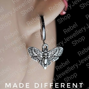 Gothic Moth Earrings Silver, Moth Dangle Earrings, Goth Earrings for Women and Men, Unique Moth Charm Earrings, Steel Hoop Moth Earrings
