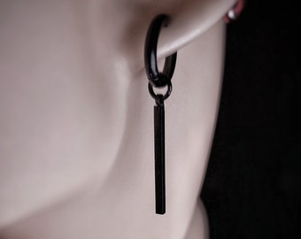 Juego de aretes de aro de plata caídos con barra vertical para hombres Pendiente de barra vertical de aro de acero con dije Juego de aretes colgantes para hombres plateados/negros