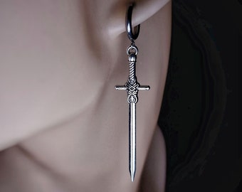 Silver Sword Earings for Women and Men. Unique Gothic Alternative Jewellery, Dagger Dangle Sword Silver Charm Earring Set, Unique gift