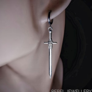 Silver Sword Earings for Women and Men. Unique Gothic Alternative Jewellery, Dagger Dangle Sword Silver Charm Earring Set, Unique gift zdjęcie 1
