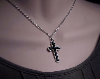 Gothic Cross Necklace Black Goth Cross Pendant Necklace Statement For Women and Men Gothic Gift Necklace Silver Chain Goth Jewellery Women