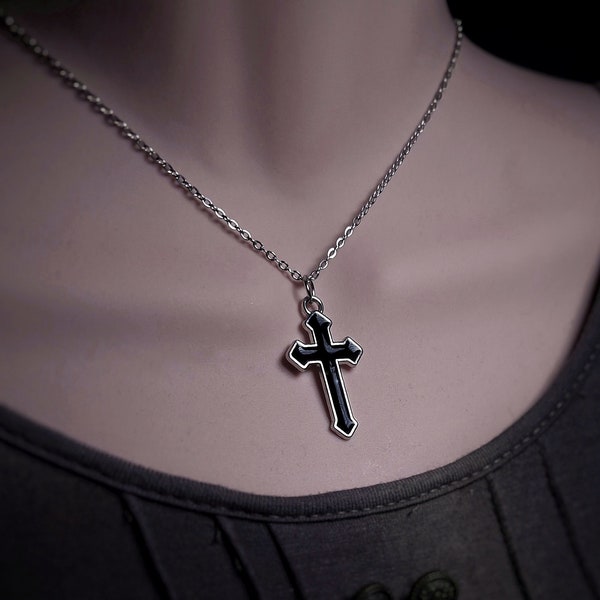 Gothic Cross Necklace Black Goth Cross Pendant Necklace Statement For Women and Men Gothic Gift Necklace Silver Chain Goth Jewellery Women