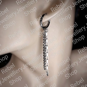 Silver Chain Earrings Gothic Drop Chain For Men and Women, Earring Dangle Silver Steel Hoop. Dangle Chain Hoop Earrings Gothic Punk Earrings