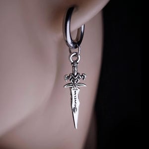Silver Sword Earings for Women and Men. Unique Gothic Alternative Jewellery, Dagger Dangle Sword Silver Charm Earring Set, Unique gift