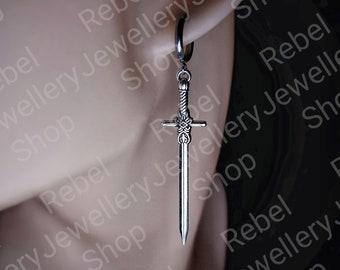 Silver Sword Earings for Women and Men. Unique Gothic Alternative Jewellery, Dagger Dangle Sword Silver Charm Earring Set, Unique gift