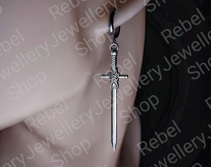 Featured listing image: Silver Sword Earings for Women and Men. Unique Gothic Alternative Jewellery, Dagger Dangle Sword Silver Charm Earring Set, Unique gift