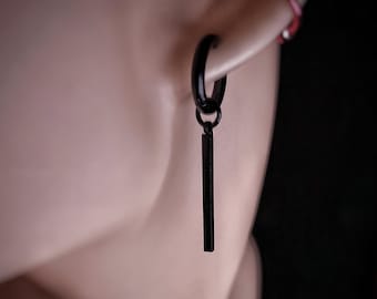 Vertical Bar Dangle Dropped Silver Hoop Earring Set For Men Steel Hoop vertical Bar Earring with Charm Men Dangle Earring set Silver/Black